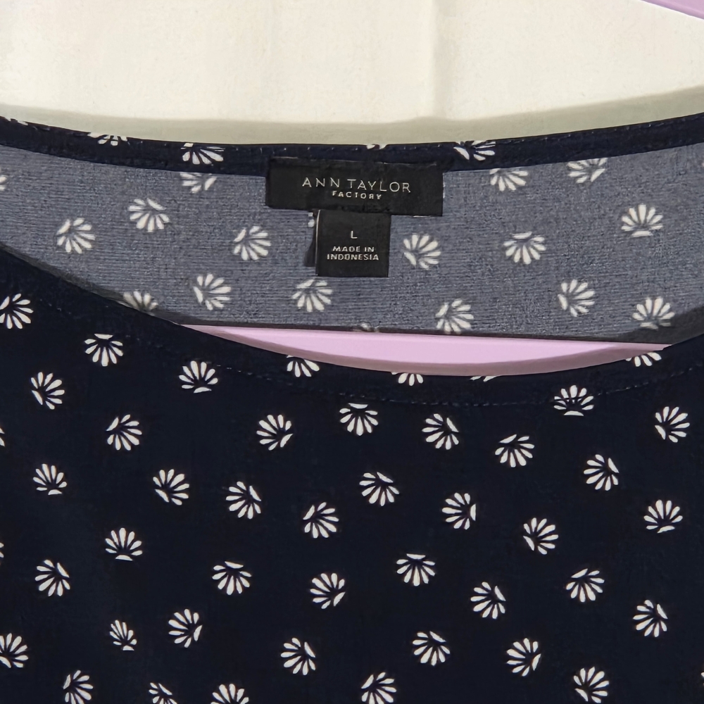 Ann Taylor Dark Blue Top with White Floral Design